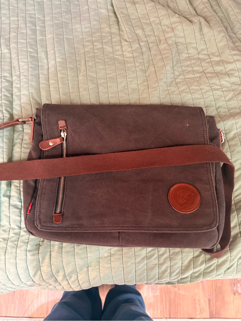 AUGUR Brown Canvas & Leather Messenger Crossbody Bag – Multi-Pocket